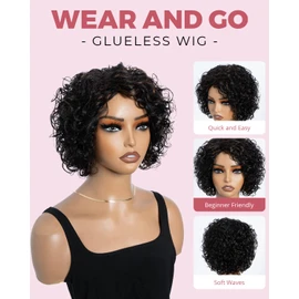 Style Icon Short Curly Human Hair Wig with Bangs for Women Curly Bob Glueless Wig Short Curly Bangs Wigs Afro Curly Wig with Bangs Pixie Cut Wig 150% Density (F1B/30)
