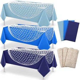 Unittype 6 Pcs Fish Net Decorative and Tablecloth Set, Cotton Fishnet and Plastic Table Cover Decorations Set for Nautical Themed Party Baby Shower Pirate Decorations Mermaid Party (Iridescent Wave)