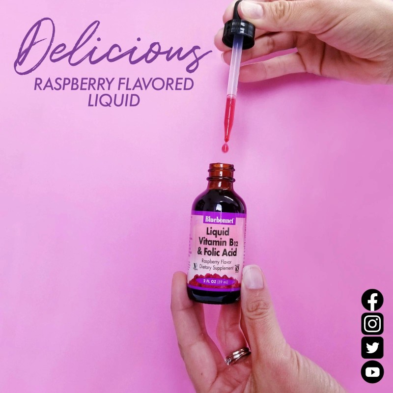 Bluebonnet Vitamin B12 Folic Acid Liquid Drops Raspberry 2 Fl