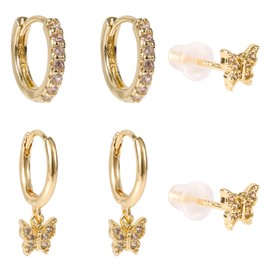 3 Pairs Butterfly Earrings Set, 3 Styles Gold Piercing Earrings Studs Butterfly Hoop Earrings Cartilage Earrings Fashionable Stacked Earrings for Women
