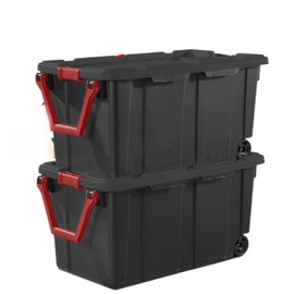 Emny Modern Plastic & Metal 40 Gallon Lidded Home Storage Bins, Stackable Industrial Storage Containers Tote, Organizing Tote Tub Box with Wheeled, Moving Boxes, Set of 2, Black