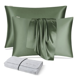 DISANGNI 100% Silk Pillow Cases 2 Packfor Hair and Skin,with Hidden Zipper 22 Momme Both Sides Pure Natural Mulberry Silk Real Silk Pillow Case (1 pc Queen Size 20"x30" Green)