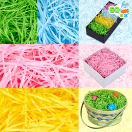 JOYIN 60 Oz Easter Fake Grass in 4 Colors Paper Shred Filler for Basket Filling, DIY Gift Wrapping, Party Decoration, Easter Egg Hunt (Pink, Yellow, Sky Blue, and Green)