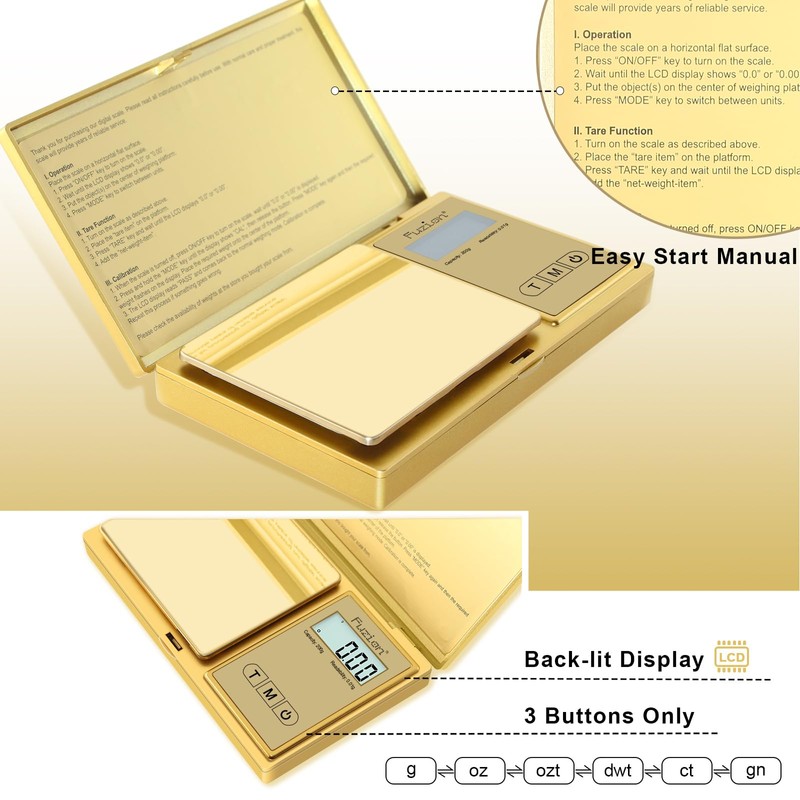 Fuzion Gram Scale, 200gx0.01g Digital Pocket Scale Gold Titanium Plating,
