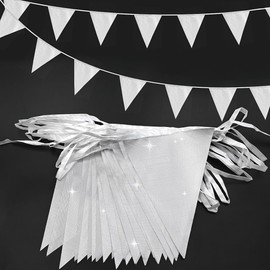 ADQUATOR 20m 52pcs Silver Pennant Bunting,Polyester Fabric Reusable Triangle Flags Banner for Indoor Outdoor Party Decorations