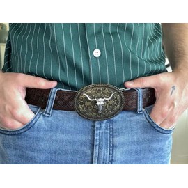 Western Belt Cowboy Cowgirl Belt for Men Women - Embossed PU Leather Longhorn Bull Buckle Country Belt for Jean 34-38In waist