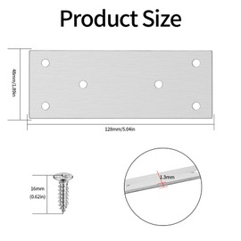 Pack of 10 Stainless Steel Flat Connectors, Perforated Plate, Wood Connector, Flat Corner Angle Connecting Plates for Repair, Fastening, Wood, Furniture (Silver, 128 x 48 mm)