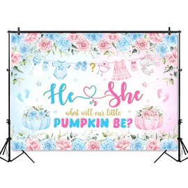 Mocsicka Pumpkin Gender Reveal Backdrop Fall Pumpkin Blue or Pink Gender Reveal Background Floral He or She Gender Reveal Party Decorations Photo Booth Props (5x3ft)