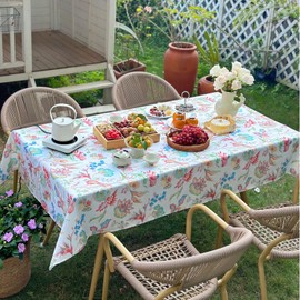 ZIWUROAD Rectangle Tablecloth, Linen Textured Wrinkle Free Waterproof Table Cloth, Flowers and Birds Fabric Table Cover for Outdoor, Farmhouse, Dining, Kitchen - Spring/Summer, 60 x 120 Inch