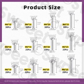 Swpeet 300 Pack M4 M5 M6 × 10mm 14mm 20mm 25mm Solid Aluminum Brazier Head Rivets, Aluminum Rivet, Plain Finish, Universal Head, High Corrosion Resistance for Repairing Boats, Aircraft, Making Armor