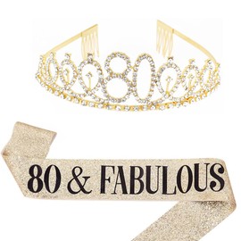 BTGOU 80th Birthday Sash and Tiara Set, Gold, Women's Birthday Costume Headwear, One Size, Satin, Costume Circlet, Women's Department