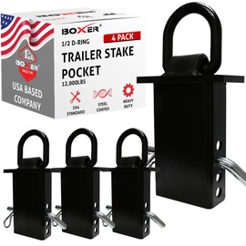 Boxer Heavy Duty Stake Pocket Tie Down Accessories - ½” D Ring with Hitch Pin - for Flatbed Trucks and Utility Trailers 4 Pack