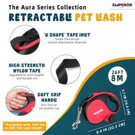 Emperor Pets 26 ft Retractable Dog Leash for Large Dogs - Up to 110lbs, Dog Leashes for Medium Dogs 26 ft -Aura RD26