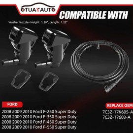 OTUAYAUTO 7C3Z-17K605-A Wiper Fluid Nozzle Hose Kit for 2008 2009 2010 Ford Super Duty F-250 F-350 F-450 F-550 – Two Fan Spray Windshield Washer Jet & Rubber Tube – Replaces OEM 7C3Z-17603-A
