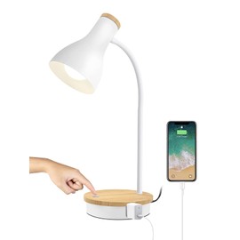 Metal Desk Lamp With Wireless Charging, Touch Reading Light, 3 Way Dimmable for Bedroom, Study Room and Office - USB Charging Ports (Touch-White)