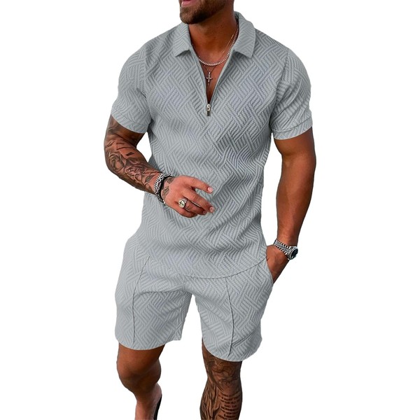 amropi Men's Summer Tracksuit Short Sleeve Zip Top and Shorts