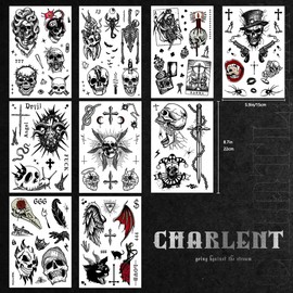 CHARLENT Temporary Tattoos for Adults - 9 Sheets Skull Fake Tattoos for Men and Women, Black Skull Tattoo Stickers