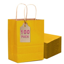 qiqee 100PCS Gift Bag with Handles Bulk Bright Yellow Paper Bags Multiple Uses (11"x5"x8" Medium Size)