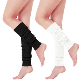 DINGFENG 2 Pairs Knitted Leg Warmers for Women Girls, Winter Boot Warmers, Warm Knee Warmers, Lady Fashion Long Boot Cuff, Knee Socks, 90s Kawaii Crochet Leg Warmers for Ballet Dance, white black