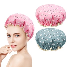 RENKE 2 Pcs shower caps for women uk,Elastic Band Double Layers Waterproof Shower Caps,Shower hat, Two Layer Design, hair cap Suitable for Adults and Children,Multifunctional & Portable