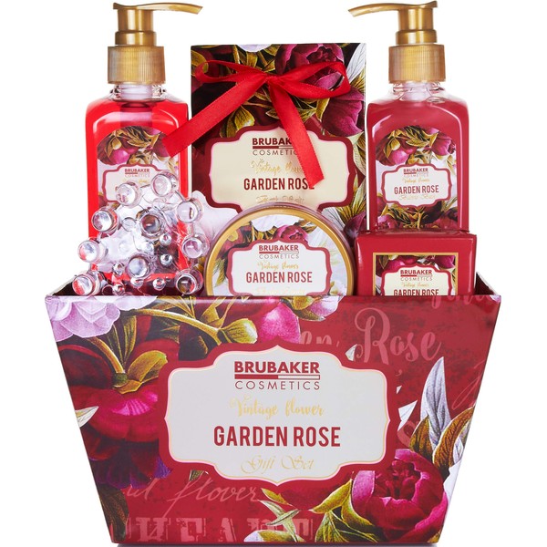 BRUBAKER Cosmetics Luxury Bath & Body Gift Basket - Garden Roses & Violets Scent - 7 Pcs Spa Gift Set for Women and Men