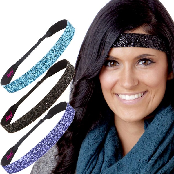 Hipsy Adjustable No Slip Wide Bling Glitter Headband 3-packs for Women Girls & Teens (Purple/Black/Teal)