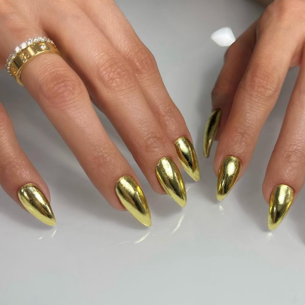 Gold Chrome Press on Nails Medium Almond,SXVME Mirror Metal Fake
