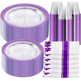 I00000 210 Pcs Clear Purple Plates for 30 Guests, Purple Dinnerware Include 60 Plates, 30 Cups, 30 Pre Rolled Napkins with Cutlery Set for Party and Wedding