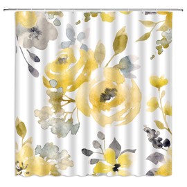Watercolor Floral Shower Curtain Abstract Yellow Grey Flowers Leaf Large Blooms Fabric Bath Curtains Bathroom Accessories Polyester with Plastic Hooks 70x70 Inch…