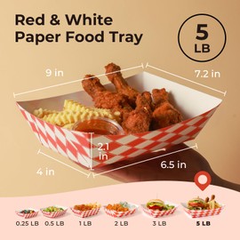 Fit Meal Prep [250 Pack 5 lb Paper Food Trays Heavy Duty Food Paperboard Boat Disposable Red Check Grease Resistant Fast for Parties Fairs Picnics Carnivals, Holds Tacos Nachos Fries
