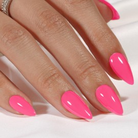 SXVME Neon Pink Press On Nails Almond - Acrylic Press On Nails Medium Stiletto, Opaque Solid Hot Pink Fake Nails with Glue, Fit Perfectly, Reusable Soft Gel Stick on Nails for Women, 24 Pcs