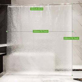 OTraki Shower Curtain 200 x 200cm Weighted Bath Curtain Mould Proof Resistant Waterproof 3D Semi Transparent EVA Heavy Duty Long Clear Bathroom Shower Curtain Liner with 13 Hooks