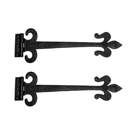 Renovators Supply Manufacturing Strap Hinge 18 in. Black Wrought Iron Fleur De Lis Style Flush Mount Heavy Duty Strap Gate and Door Hinges with Hardware Pack of 2