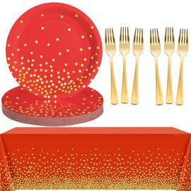 Red and Gold Birthday Party Decorations, Red Paper Plates Disposable With Gold Dots Party Supplies Include Plastic Forks Tablecloth for Wedding Graduation