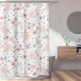Sweet Jojo Designs Blush Pink, Grey and White Bathroom Fabric Bath Shower Curtain for Watercolor Floral Collection