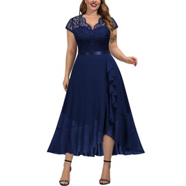 Miusol Women's Plus Size V Neck Elegant Floral Lace Ruffle Wedding Party Formal Maxi Dress Navy Blue