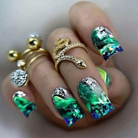 TBRZTR Press on Nails Medium Square Green Smudge False Nails with Silver Glitter Powder Design Artificial Acrylic Nails Square Glue on Nails Full Cover Coffin Nails Reusable Stick on Nails for Women