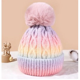 OnlyBee Girls Kids Tie-dye Rainbow Chunky Knit Warm Winter Bobble Hat Approx Age 3 to 7 Years
