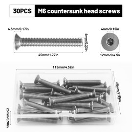 Piuluvor® Countersunk Screws M6 x 45 mm with Hexagon Socket 304 Stainless Steel Full Thread Screws DIN 7991 Pack of 30