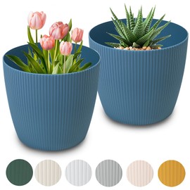 PECZEKO Matte Flower Pot, Plastic Planter, Decorative Pot for Large Plants, 2 x Flower Pot Set, Flower Pot Herb Pot, (2 Pack) Blue, Diameter 26 cm