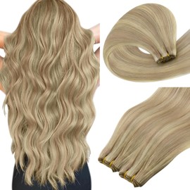Easyouth Weft Hair Extensions Human Hair Blonde Human Hair Weft Extensions Real Hair Highlight Ash Blonde to Light Blonde Sew in Human Hair Extensions Easy to Style 14 Inch 70g