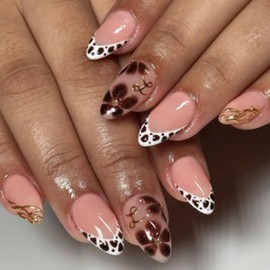 Short Press on Nails Almond Leopard Print French Gold Line Flowers Fake Nails Press ons Nude Full Cover Glue on Nail Cute Acrylic Glossy Stick on Nail for Women Girls 24 Pcs