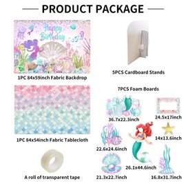 Allenjoy Under the Sea Mermaid Theme Birthday Party Supplies Decorations Backdrop for Girl Banner Photo Shoot Booth Props Photography Background,7pcs Foam Board Cutouts,1pc Tablecloth,1pc Backdrop