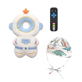 PLOVZ Baby Head Protector Backpack Head Protection Pillow, Baby Helmet for Crawling Walking and Baby Teething Toys 3Pcs Set(White Astronaut)
