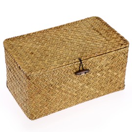 Hipiwe Wicker Shelf Baskets Bin with Lid, Handwoven Seagrass Basket Storage Bins Rectangular Household Basket Boxes for Shelf Wardrobe Home Organizer, Caramel Medium