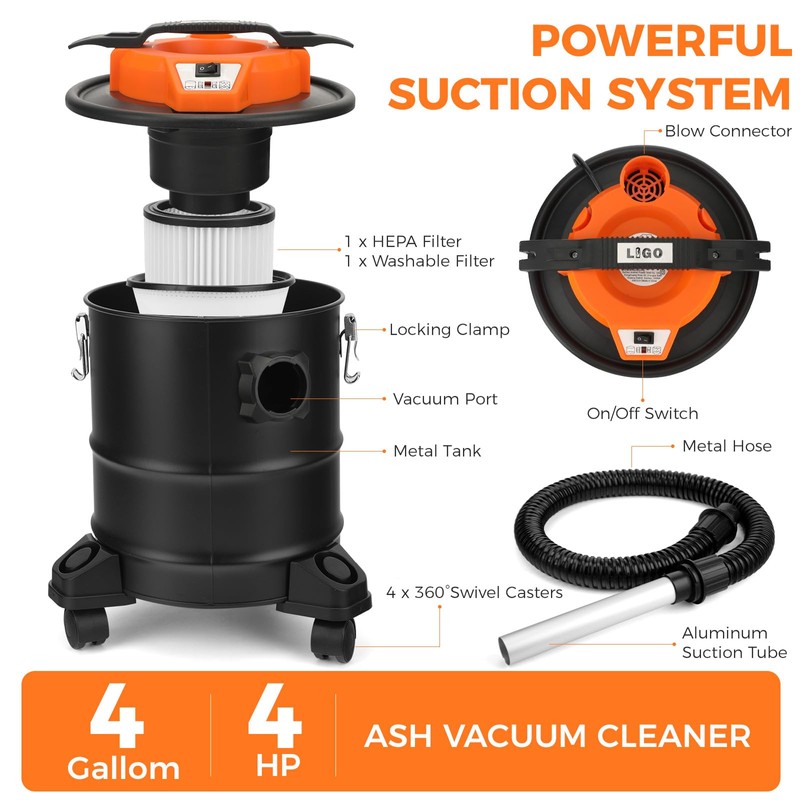 LIGO Ash Vacuum 1000W 15L,Double Filtration, with 3 Swivel Casters,Blowing