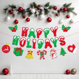 Happy Holidays Banner, Red and Green Glitter Christmas Holiday Banner for Merry Christmas Decoration, Decorative Joy Letters with Gingerbread and Snowflake Design, Wintertime Holiday Festive Garland