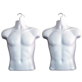 White Male Mannequin Hollow Back Body Torso Dress Form & Hanging Hook, S-M Sizes (2 Pack, White)