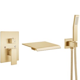 Aolemi Wall Mount Bathtub Faucet Bath Tub Faucet Set Waterfall Tub Filler with Handheld Sprayer Single Handle Solid Brass Rough-in Valve,with Bevel Angle Spout,Brushed Gold