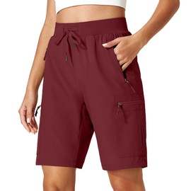 Ksmien Women's Hiking Cargo Shorts Quick Dry Lightweight Summer Shorts with Zipper Pockets for Travel Golf Camping, Maroon, XX-Large